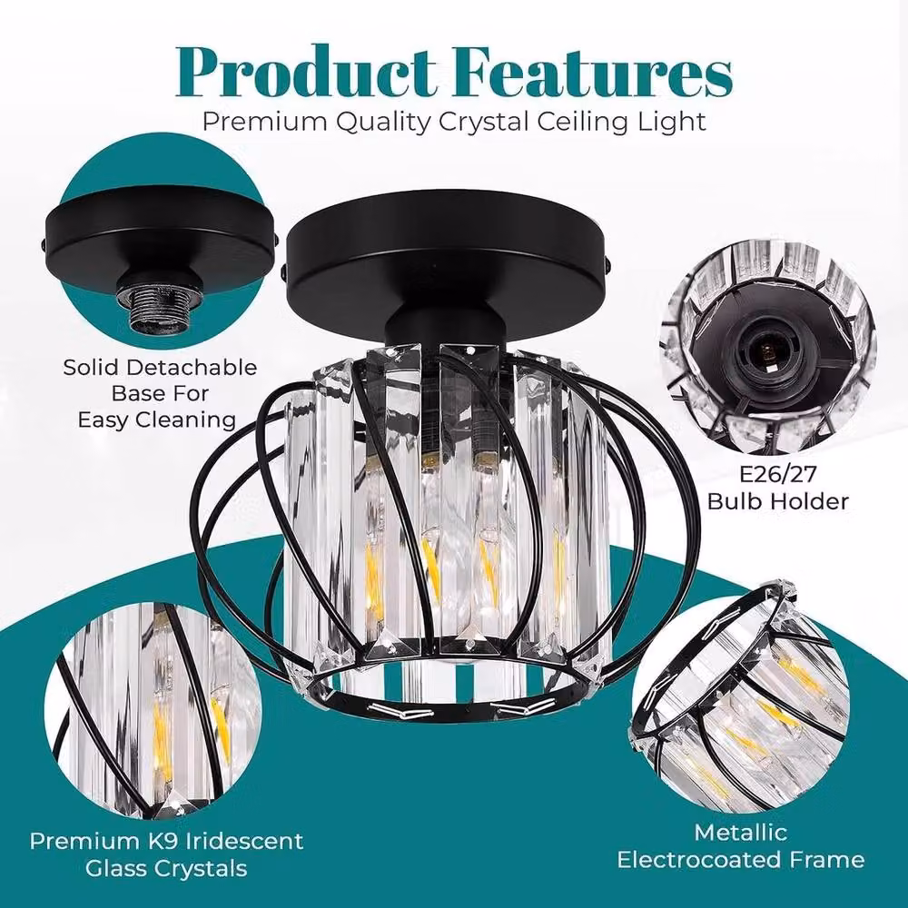 EONLION Modern Black Crystal Semi-Flush Ceiling Light – 2