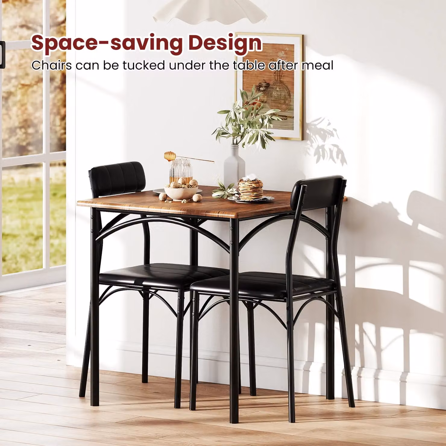 Gymax 3-Piece Dining Set Featuring a Square Table and 2 Upholstered Armless Chairs in Brown and Black – 5