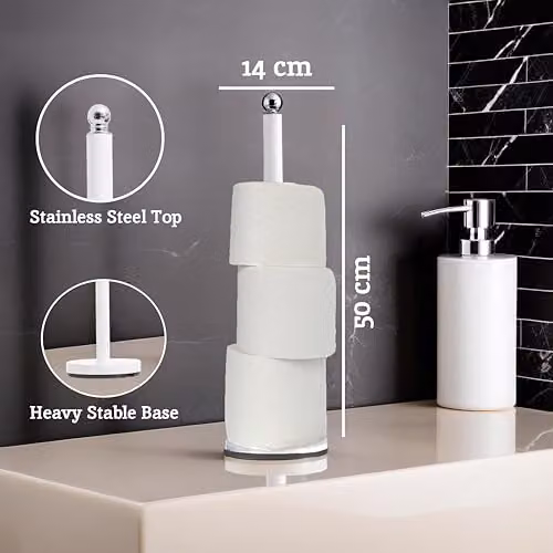Orsina Freestanding White Toilet Roll Holder with Spare Roll Storage and Metal Base – 2