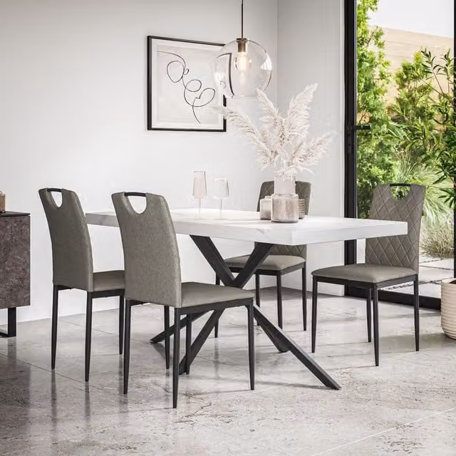 More4Homes Donni Dining Table and 6 Monza Linen Dining Chairs Set, White Marble Effect Table Top with Black Legs and Grey Chairs