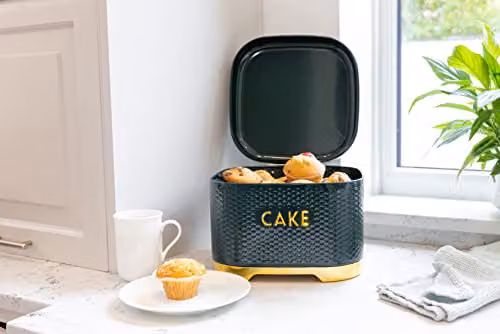 Lovello Geometric Cake Storage Tin with Lid in Green and Gold, W: 26 cm, D: 26 cm, H: 2 cm – 3