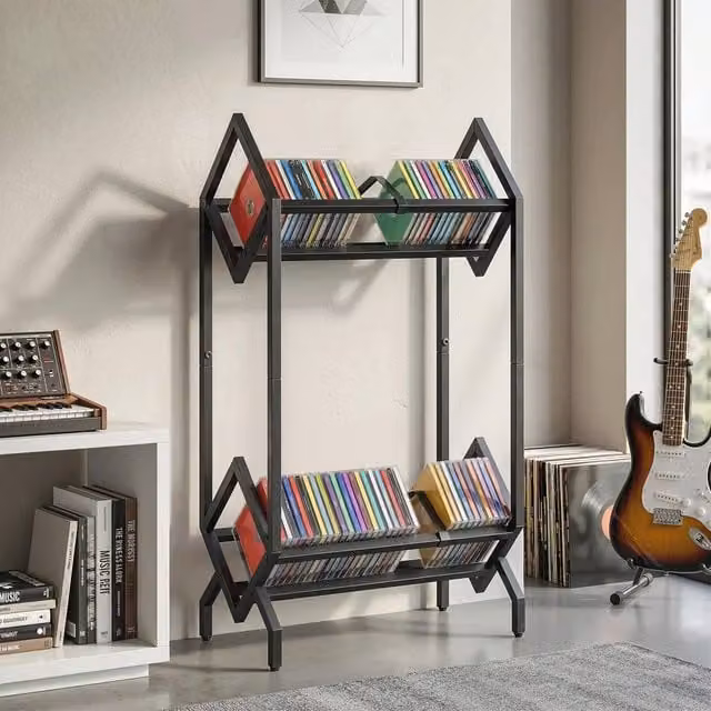 HOMCOM 2-Tier Metal CD and DVD Storage Display Rack, Black – 1