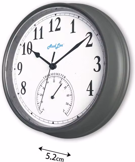 Audlee Round Analog Tub Wall Clock with Thermometer in Dark Grey and Yellow