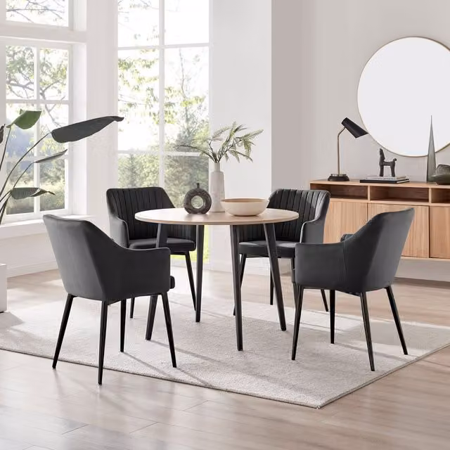 FurnitureboxUK Koko Oak Effect Round Dining Table and 4 Calla Black Velvet Dining Chairs Set