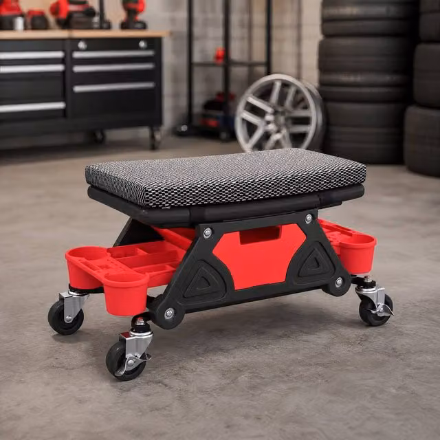 STILVORA Mechanic Stool with Storage Trays and Drawer, Black
