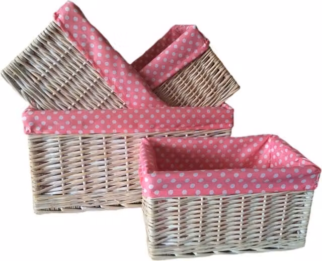 Red Hamper Wicker Open Storage Basket with White and Pink Spotty Lining, 47 cm