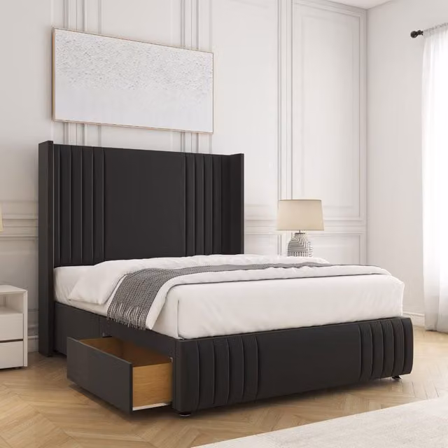 BSSPOKE Peyton Double Divan Bed Set in Black Velvet with 54 inch Headboard, 2 Drawers and Mattress, W/D/H: 140 x 200 cm