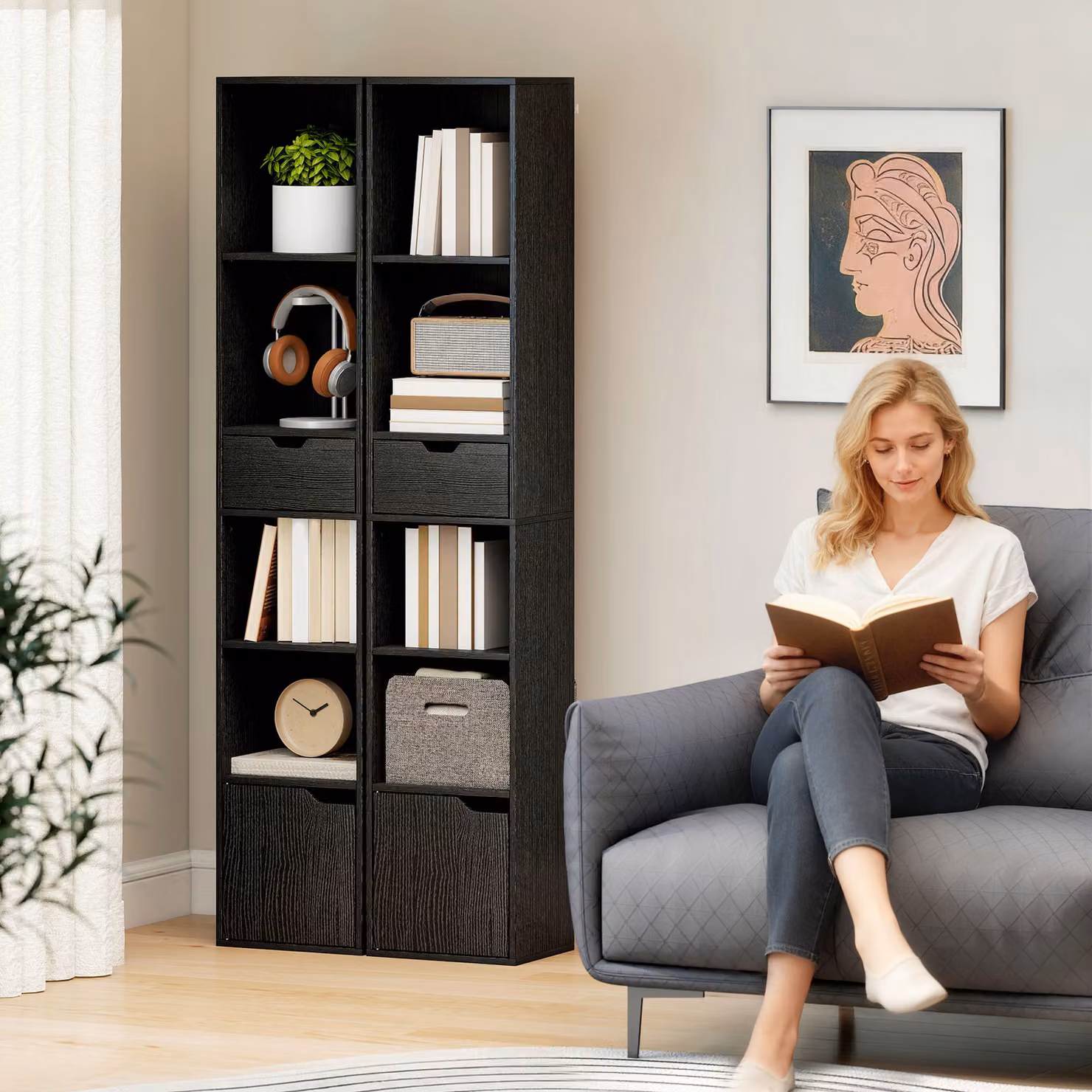 HOMCOM 6-Tier Tall Narrow Black Bookcase with Drawer and Door – 7