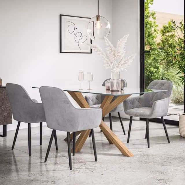 More4Homes Etta Glass Dining Table Set with Solid Oak Legs and 4 Green Anika Velvet Chairs