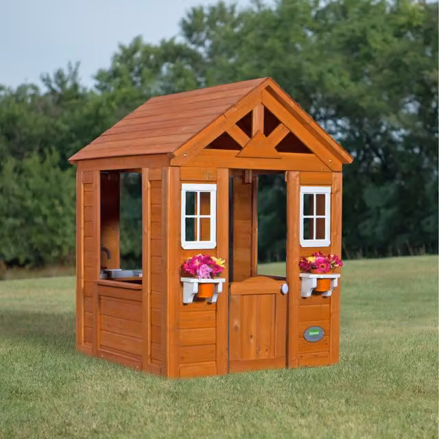 Backyard Discovery Timberlake Cedar Wood Playhouse with Play Kitchen in Orange and Brown