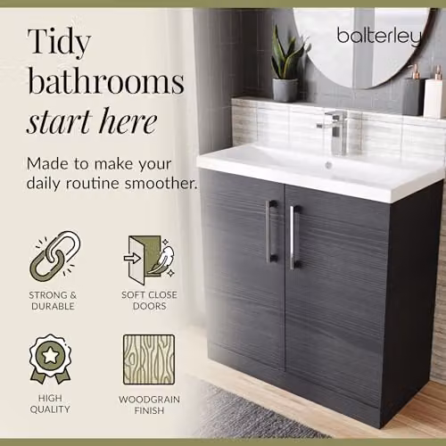 Balterley Charcoal Black Floor Standing Bathroom Vanity Unit with Basin and Soft Close 2 Doors, W/D/H: 81 x 39 x 84 cm – 6