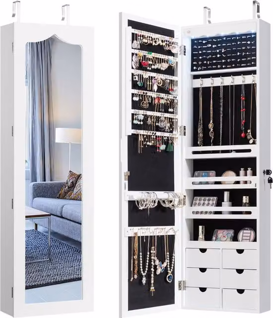Costway White Wall Mounted Jewellery Cabinet with LED Lighting and Mirror