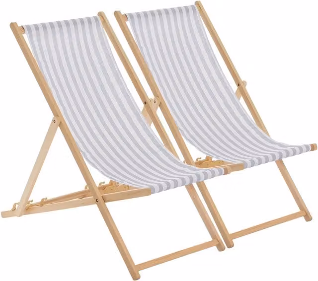 Harbour Housewares Set of 2 Wooden Folding Garden Sun Loungers in Grey Maritime Stripe