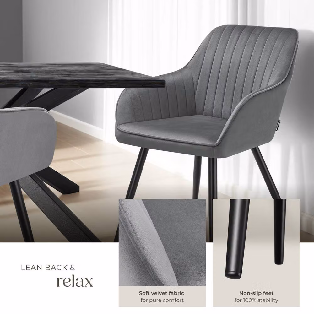 tectake Marilyn Set of 6 Modern Velvet Dining Chairs in Grey and Black – 4