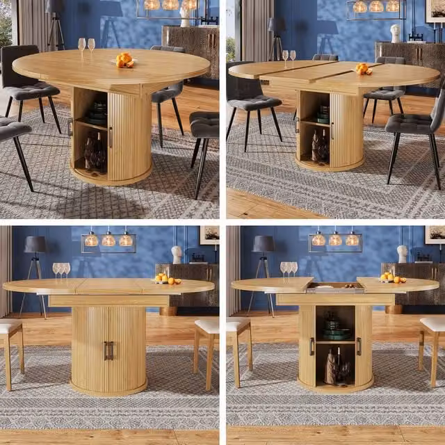 Rolipo Extendable Round to Oval Dining Table in Walnut, 6 Seater, W/D/H: 118 x 118 x 76.8 cm