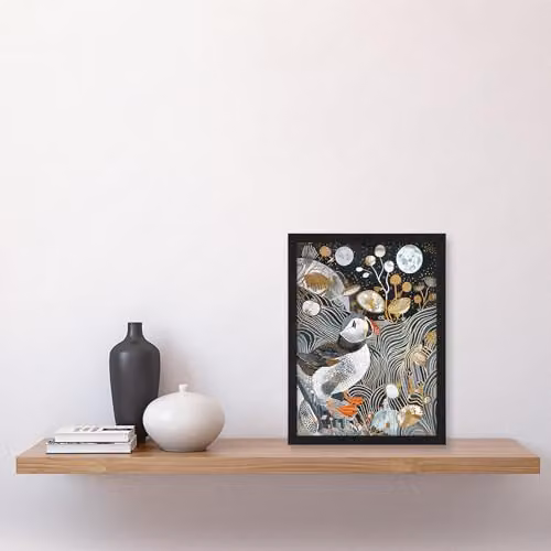 Artery8 Stylised Puffin Full Moon Flower Field Abstract Framed Wall Art Print, Multicolour, H 32.3 x W 29.7 x D 2.34 cm – 4