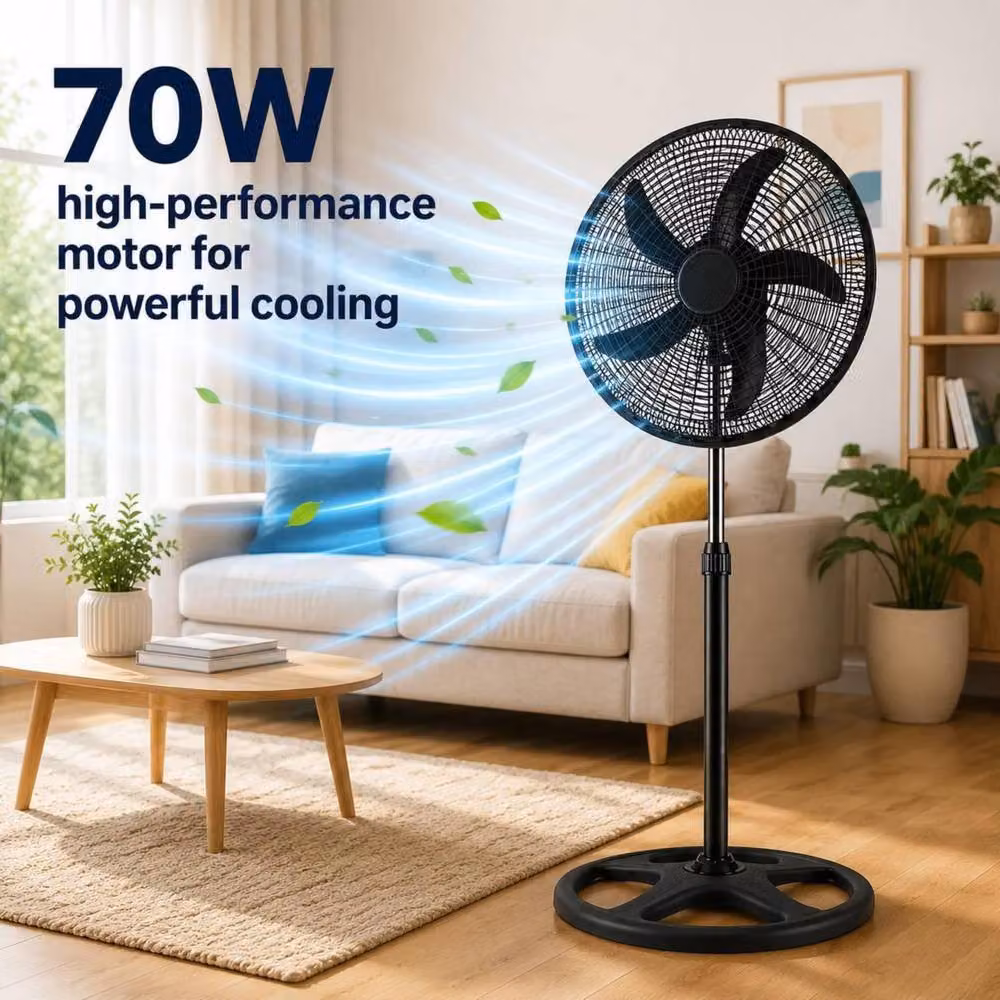 Dyzi 18 Inch 70W Oscillating Pedestal Fan with 3 Speeds and Adjustable Height, Black – 2