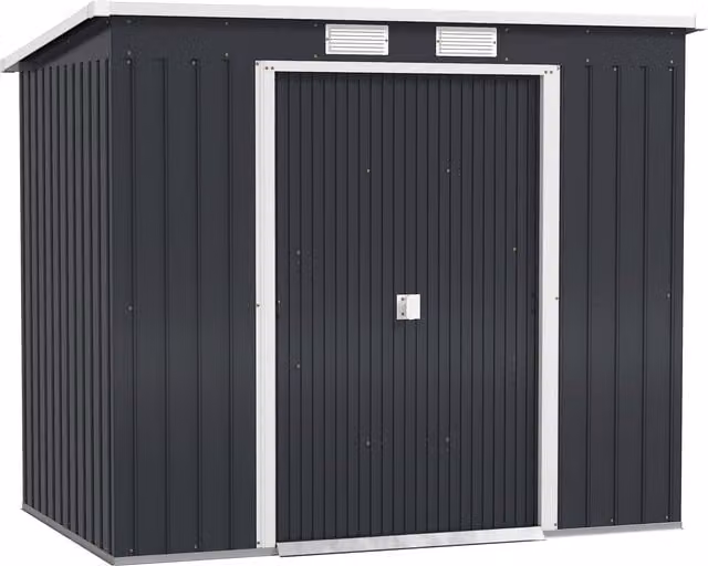 Outsunny Steel Garden Shed with Foundation Kit, Lockable Double Doors and Pent Roof, Dark Grey, W/D/H: 130 x 213 x 173 cm