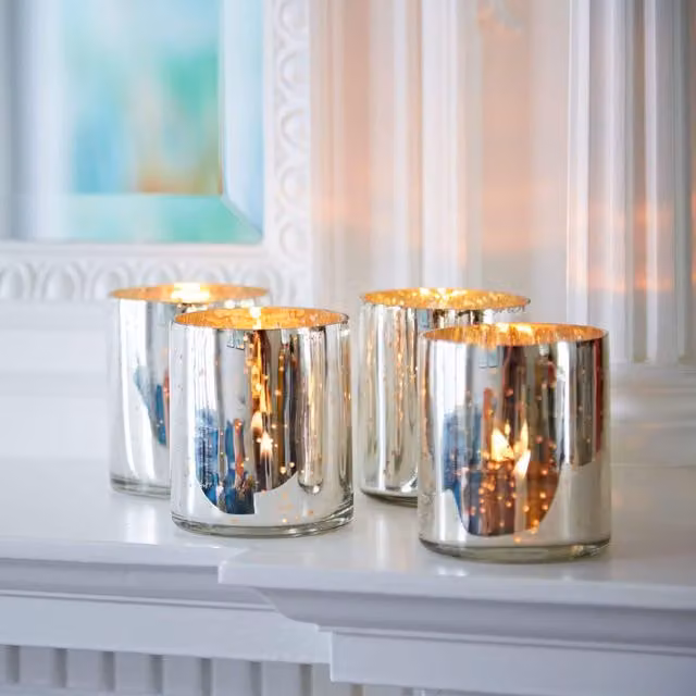 Paper High Set of 4 Silver and White Antique Effect Tea Light Holders, Height: 6.5 cm – 1