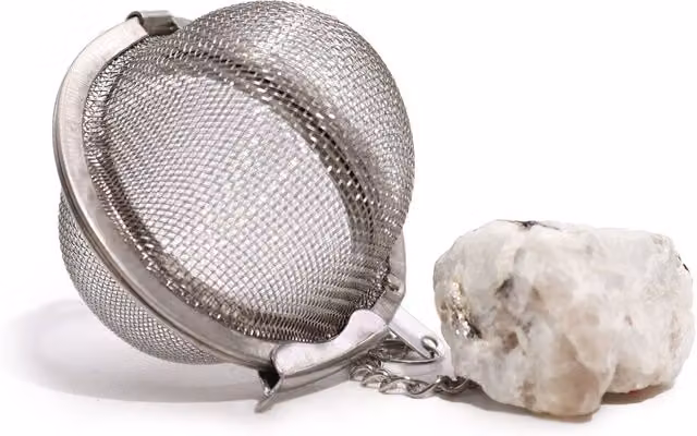 KDMK Rainbow Moonstone Raw Crystal Gemstone Tea Strainer with Fine Mesh Stainless Steel Sieve in White and Silver