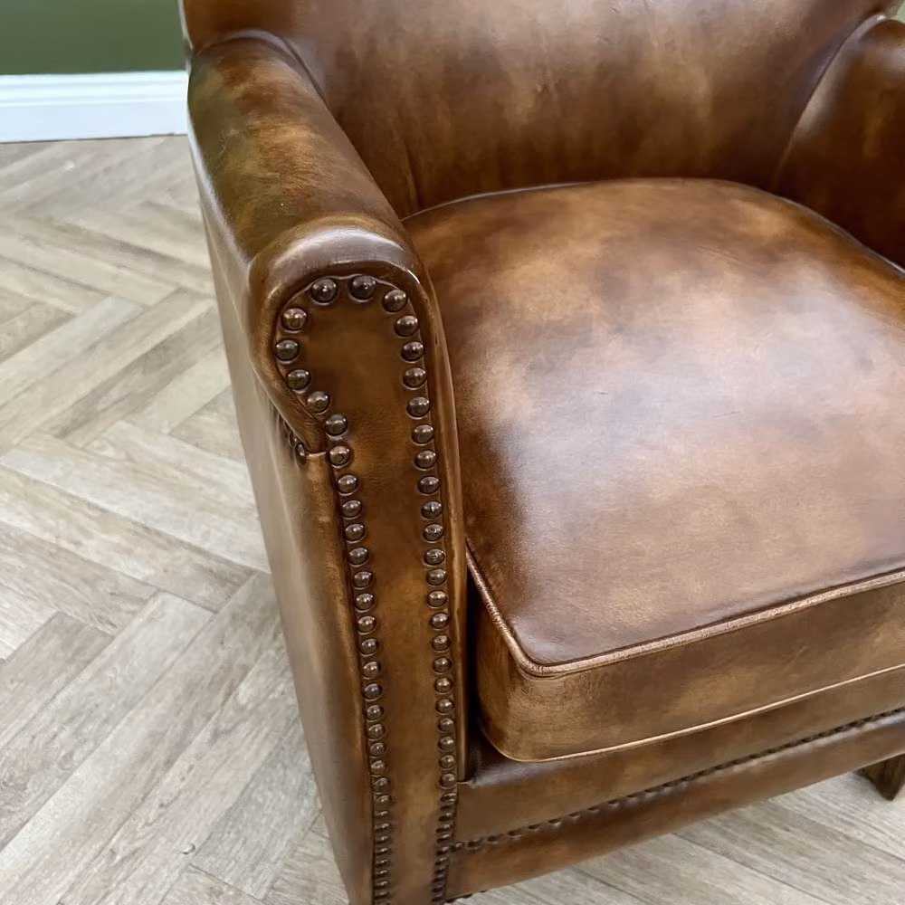 Elm Home And Garden Genuine Leather Tub Aviator Wing Accent Arm Chair in Tan with Solid Wood Frame – 3