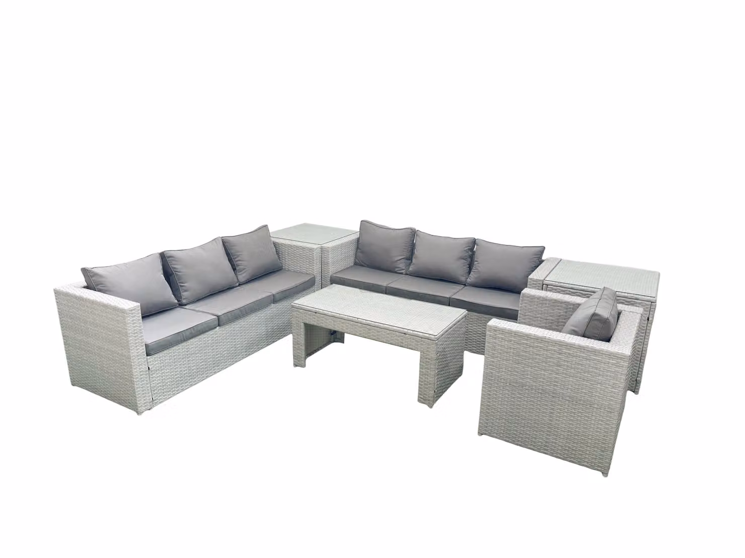 Fimous Wicker PE Rattan Garden Furniture Set in Light Grey with Oblong Coffee Table, Armchair and 2 Side Tables – 2