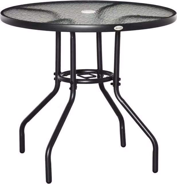 ERGOVEXA Round Glass Garden Dining Table with Parasol Hole, Black, Diameter: 80 cm, Height: 72 cm