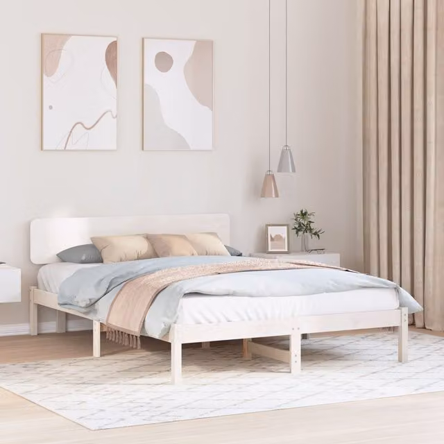 Berkfield Home White Solid Pine Wood Bed Frame with Headboard W/D/H: 160 x 200 x 74 cm