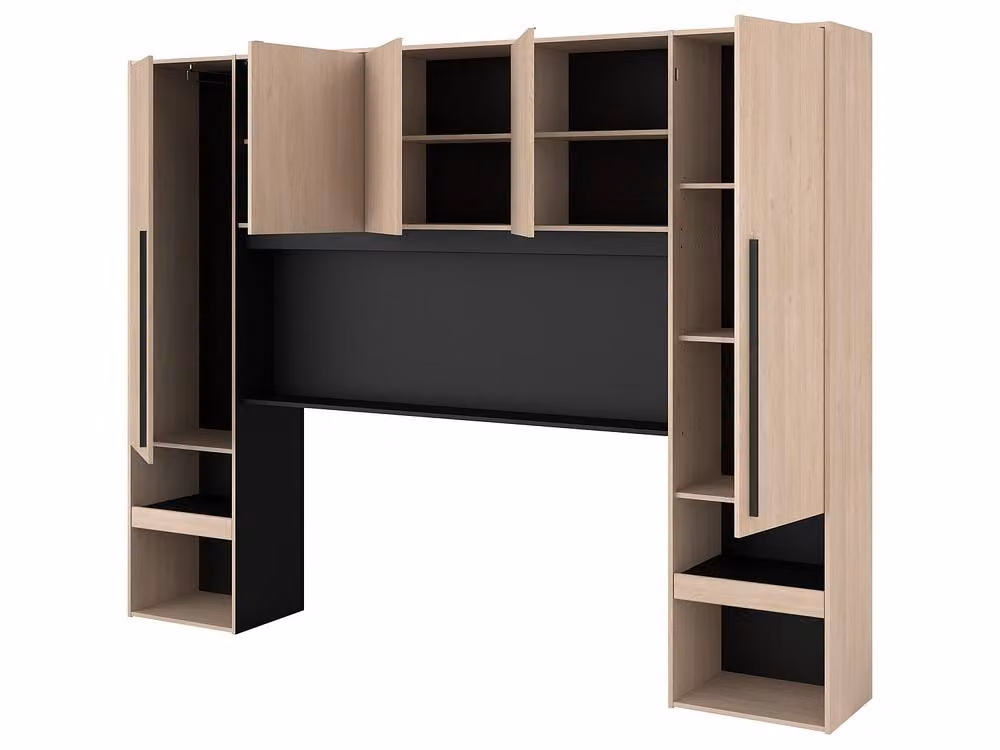 VELONA Modern Overbed Storage Unit with Integrated Lighting and Hanging Rod in Light Oak and Black – 3