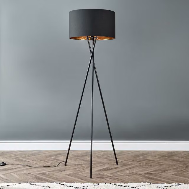 ValueLights Camden Black Tripod Floor Lamp with Gold and Brass Metallic Drum Shade