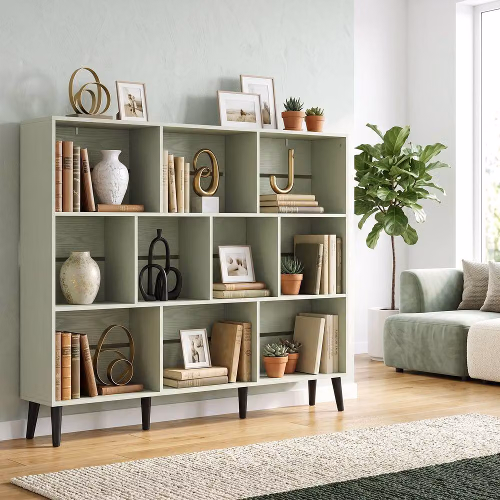 HOMCOM Minimalist Bookshelf with 10 Cubbies and Wood Legs in Light Green – 2