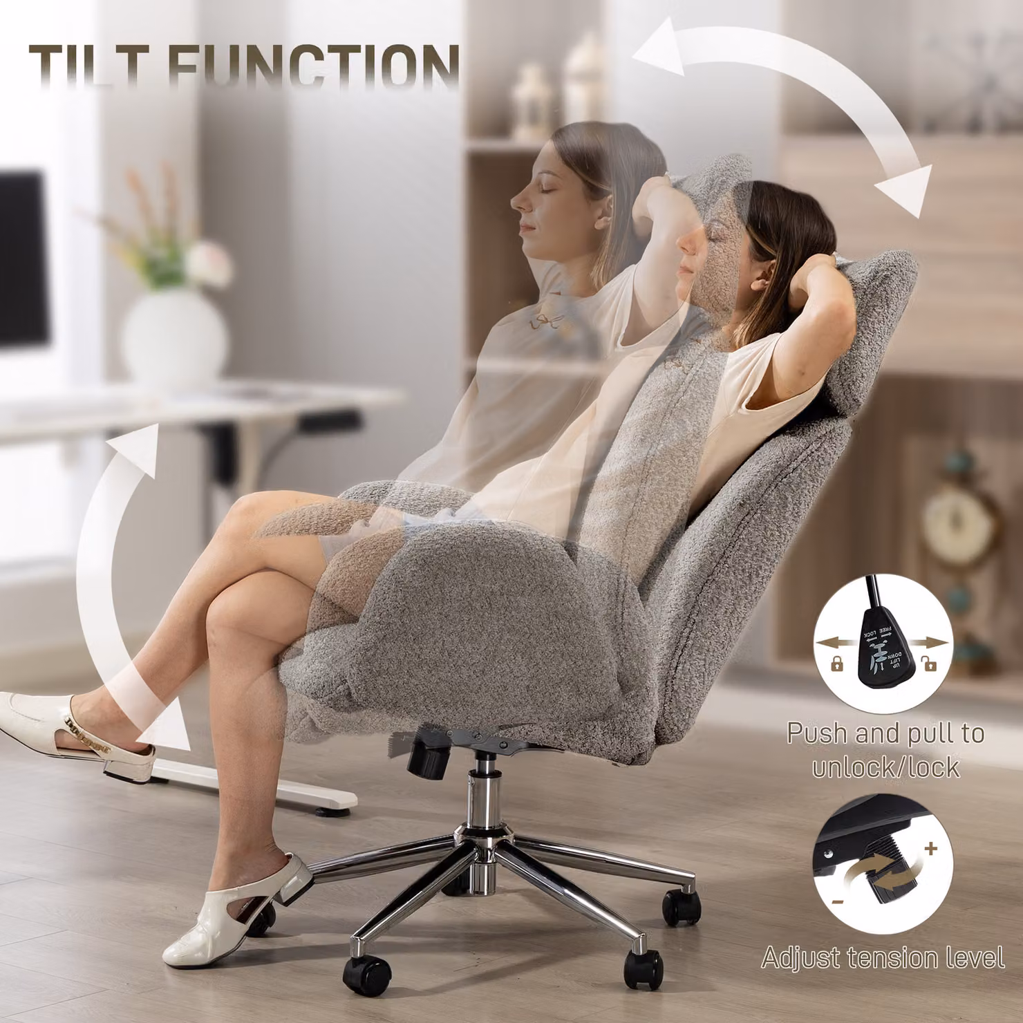 HOMCOM Ergonomic Office Chair with Adjustable Headrest in Charcoal Grey Bouclé Fabric – 4