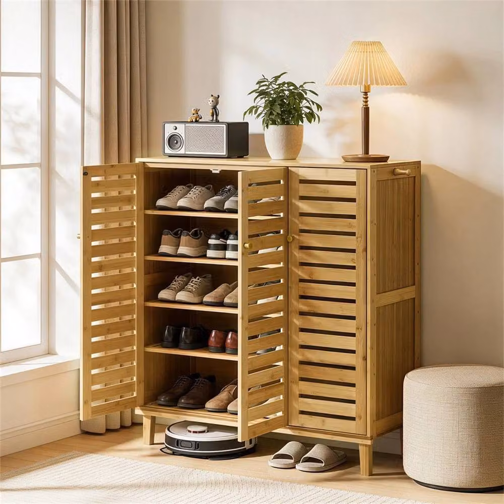 NESTLUNE Narrow Shoe Storage Cabinet in Brown with Hinged Doors and Flat Shelves, W/D/H: 100 x 15 x 15 cm – 3