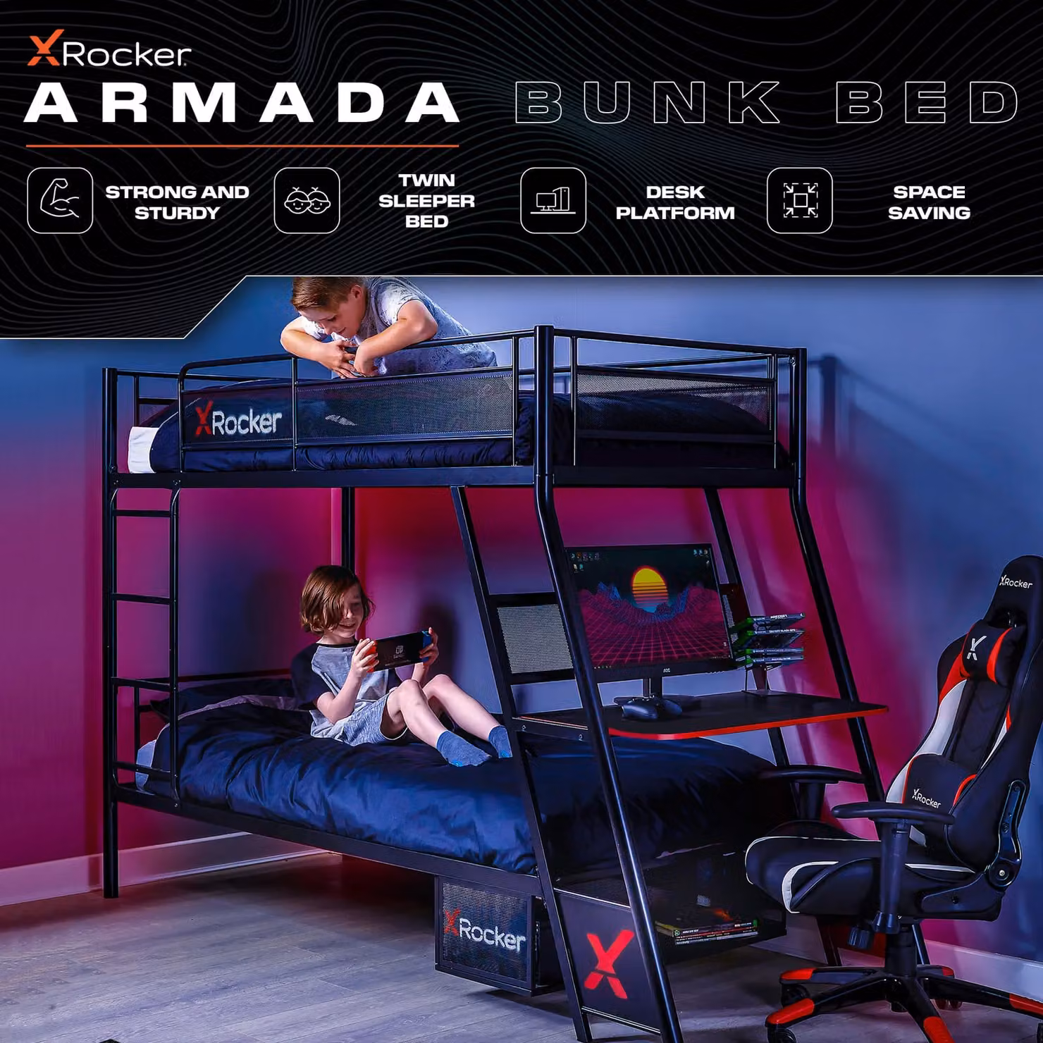 X Rocker Armada Bunk Bed with Gaming Desk and Mattress in Black – 2