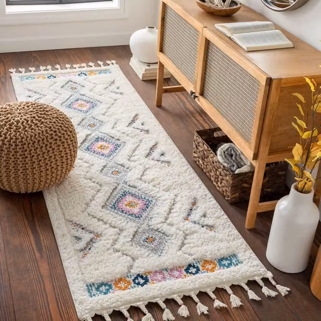 Livabliss Lofty-Shaggy Vintage Boho Plush Soft Pile Rug in Ivory, Orange and Blue, W: 200 cm, D: 275 cm