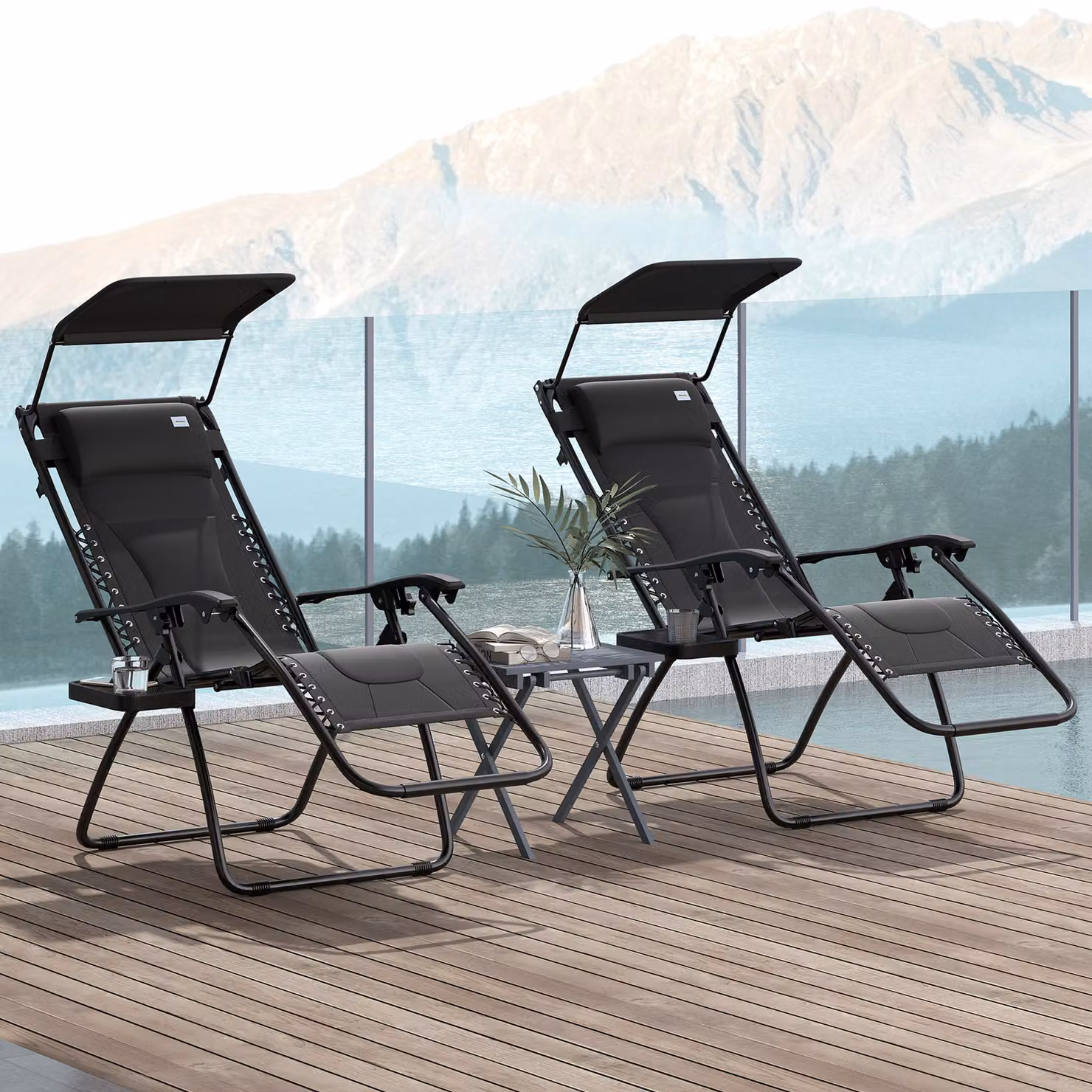 Outsunny Set of 2 Zero Gravity Lounger Chairs in Black with Cup Holders, Adjustable Headrest and Sun Canopy – 2