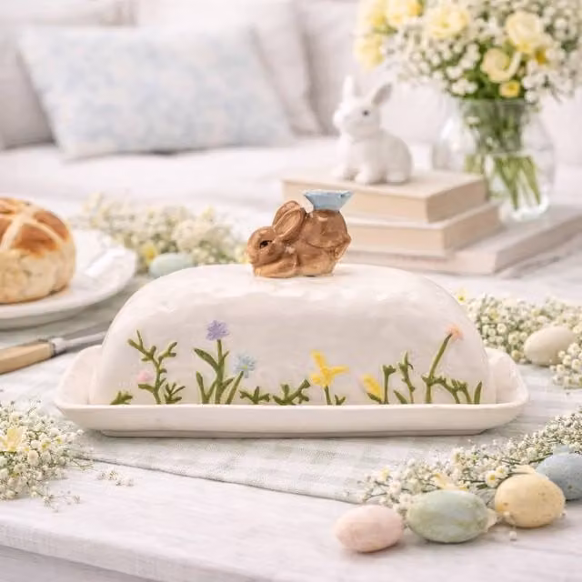 Eggs-traordinary Gift Co Bunny Butter Dish in White and Multicolour Ceramic with Floral Design – 1