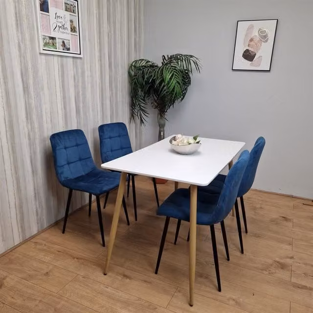 Kosy Koala Modern Rectangular White Dining Table and 4 Blue Velvet Chairs Set in Brown