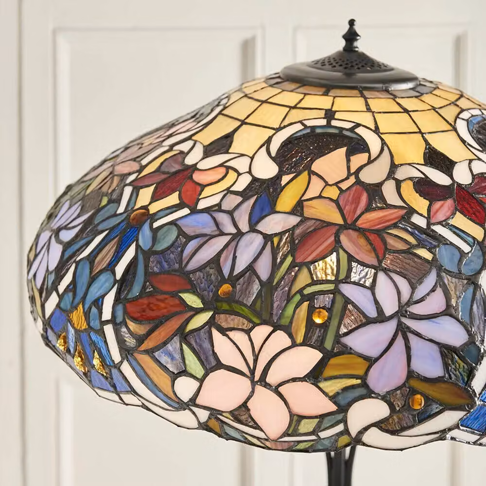 Loops Tiffany Twin Floor Lamp with Floral Stained Glass Shade in Dark Bronze and Multicolour – 2
