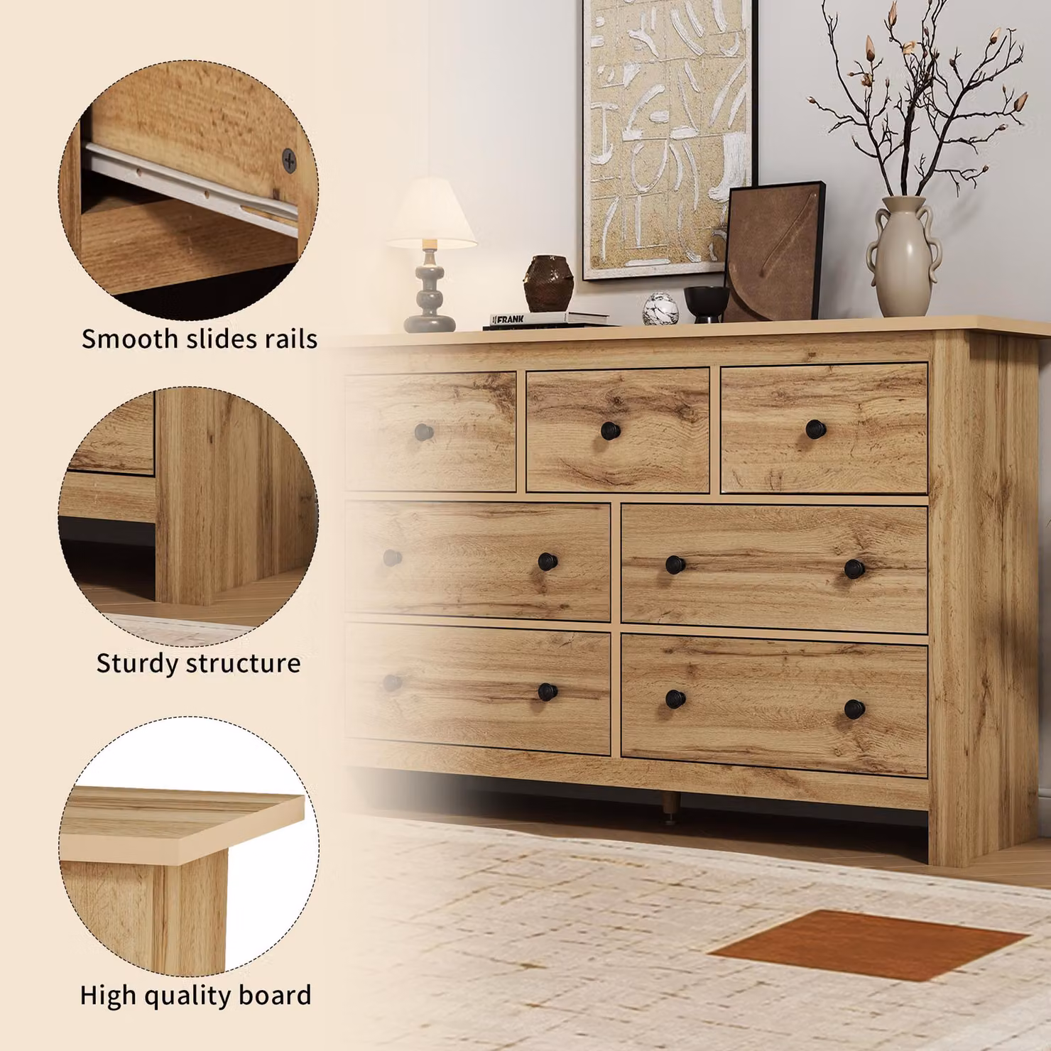 Aosom UK Modern Vintage Wood Storage Cabinet with 7 Drawers, Brown, W: 152 cm, D: 40 cm, H: 88.5 cm – 4