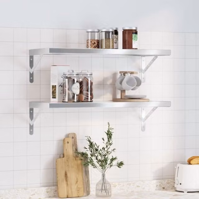 Berkfield Home Silver Stainless Steel Wall Mounted Shelves, 2 Pack, W: 75 cm, D: 30 cm, H: 3 cm
