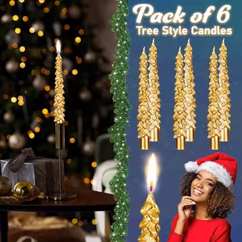 Deco Express Christmas Tree Dinner Candle Set, Gold, 6 Pieces – 6