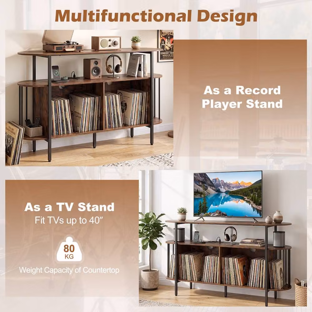Gymax 3-Tier Brown Vinyl Cabinet and Record Player Stand with Integrated Lighting and Media Compartments – 8