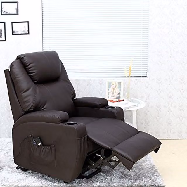 More4Homes Cinemo Electric Rise Recliner Massage Heat Armchair in Brown Bonded Leather – 1