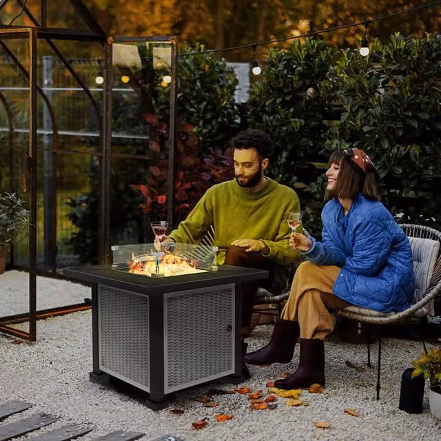 Outsunny Square Propane Gas Fire Pit Table, 50000 BTU, Grey Polyrattan and Metal