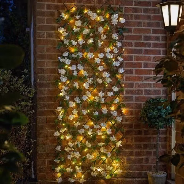 Marco Paul Solar Powered Artificial Flower Wall Garden Trellis with LED Warm White Light, Green and White