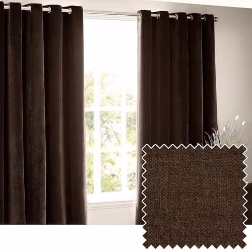 Riva Home Brown Chenille Velvet Eyelet Curtains, Pair, H 229 cm x W 137 cm – 1