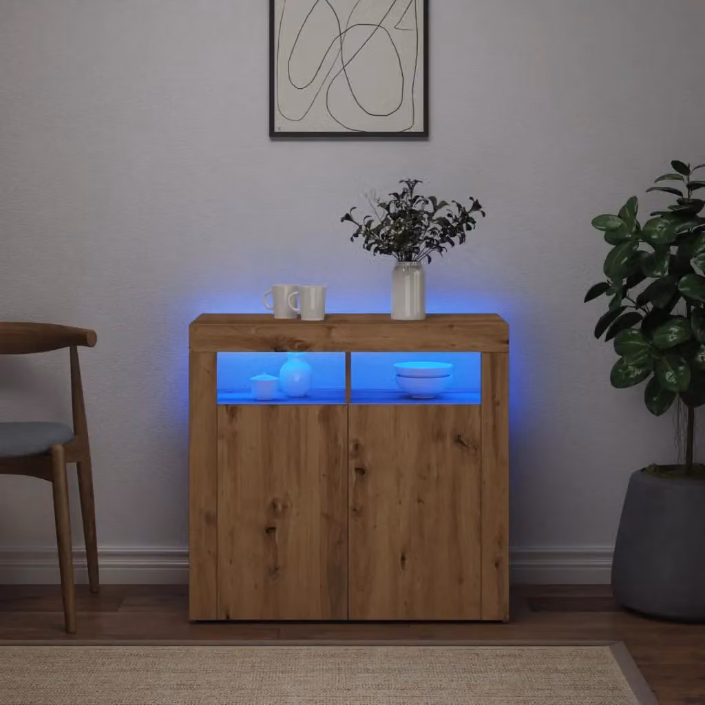 Berkfield Home Modern Artisan Oak Sideboard with Integrated LED Lights in Brown, W/D/H: 80 x 35 x 75 cm – 2