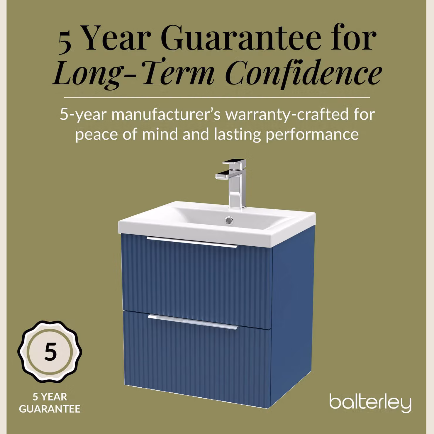 Balterley Fluted Wall Hung 2 Drawer Vanity Basin Unit and Basin, Satin Blue, Width: 50 cm – 4