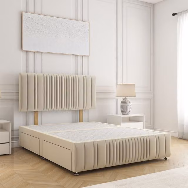 BSSPOKE Rosie Plush Velvet Double Divan Bed Set with 24 inch Headboard and 4 Drawers in Beige